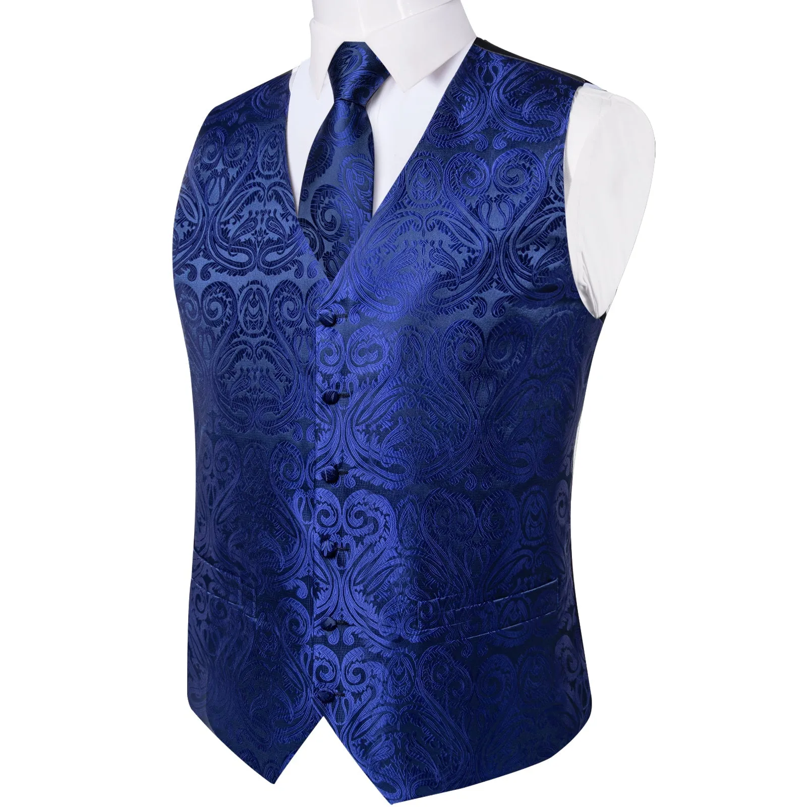 Royal Blue Paisley Jacquard Silk Men's Vest Hanky Cufflinks Tie Set