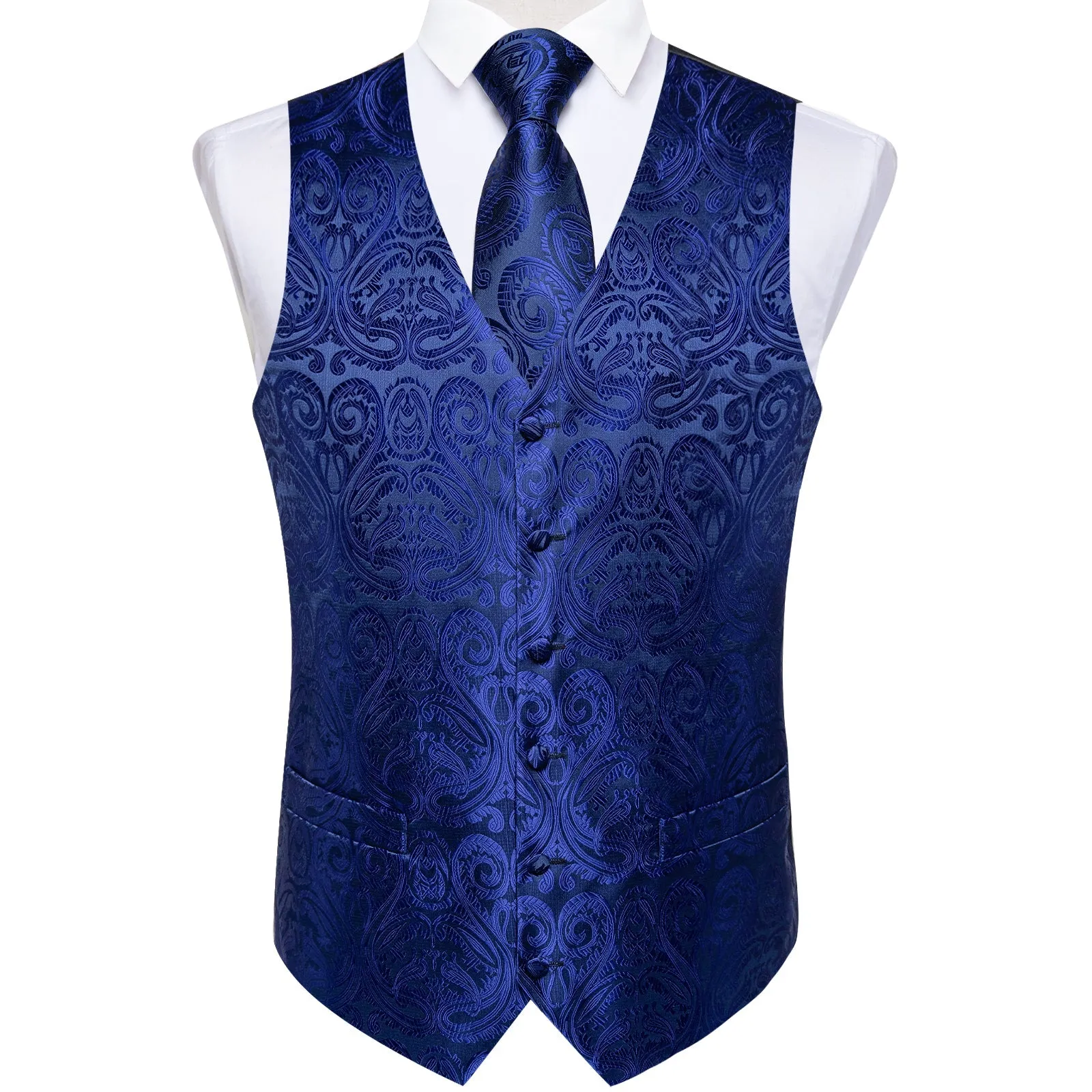 Royal Blue Paisley Jacquard Silk Men's Vest Hanky Cufflinks Tie Set