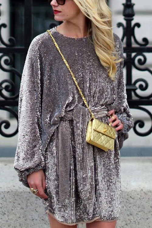 Sequin Puff Sleeve Belted Mini Dress