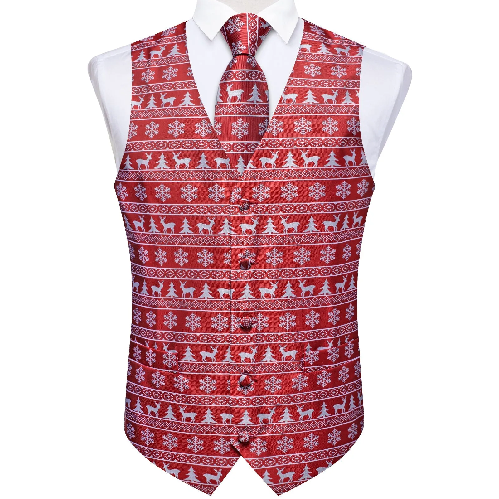 Ties2you Christmas Tie Vest Red White Elk Novelty Jacquard Silk Men's Vest Hanky Cufflinks Tie Set
