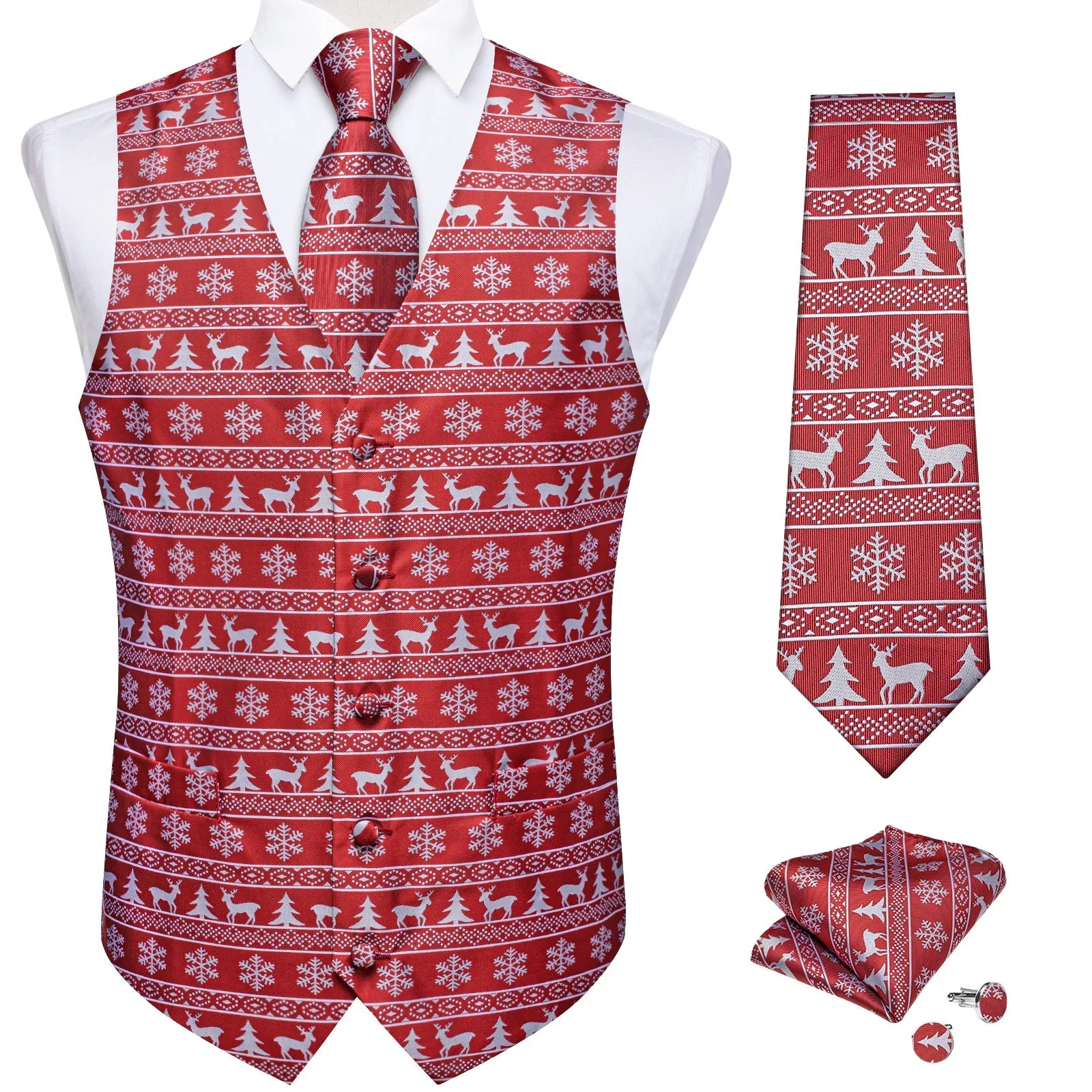Ties2you Christmas Tie Vest Red White Elk Novelty Jacquard Silk Men's Vest Hanky Cufflinks Tie Set