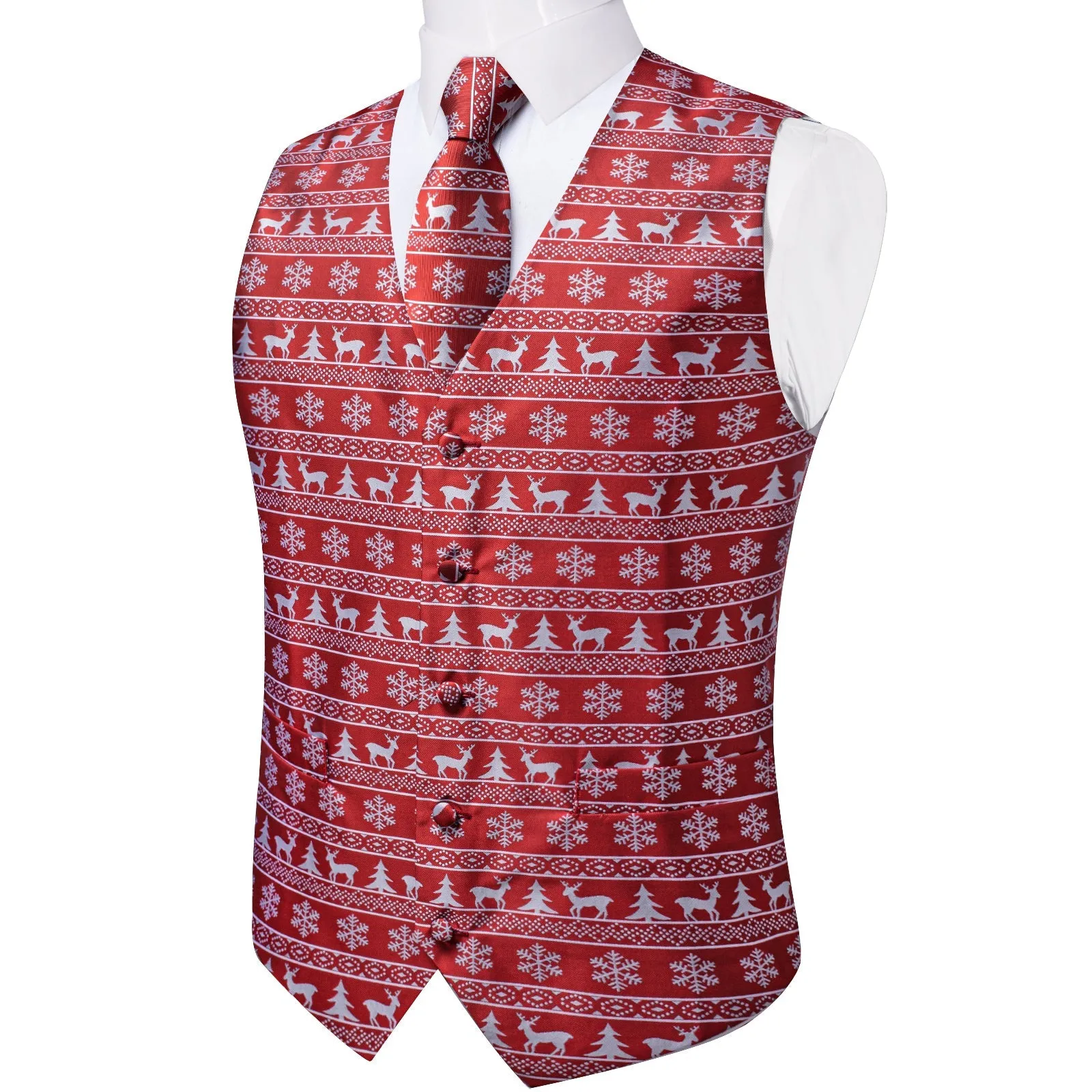 Ties2you Christmas Tie Vest Red White Elk Novelty Jacquard Silk Men's Vest Hanky Cufflinks Tie Set