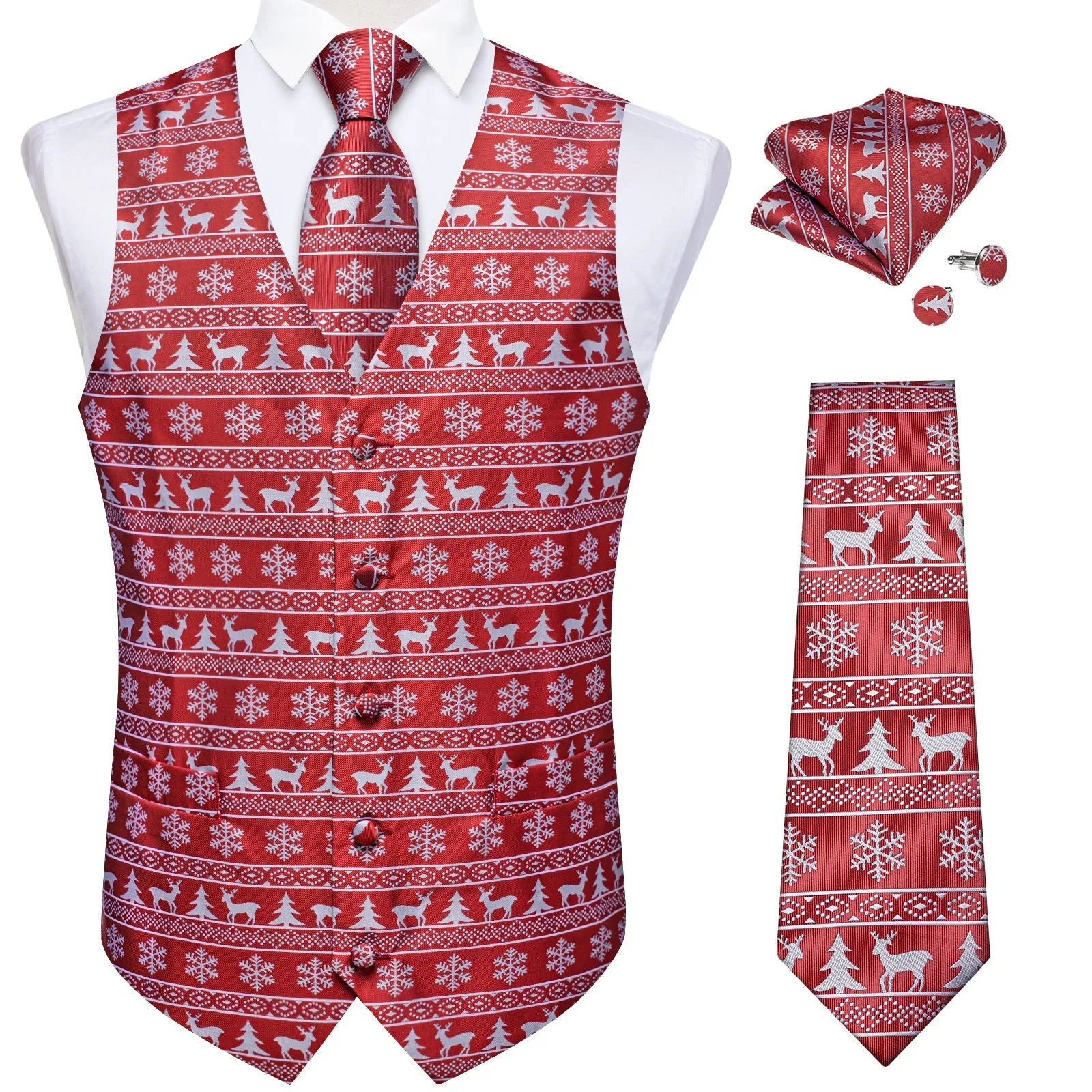 Ties2you Christmas Tie Vest Red White Elk Novelty Jacquard Silk Men's Vest Hanky Cufflinks Tie Set