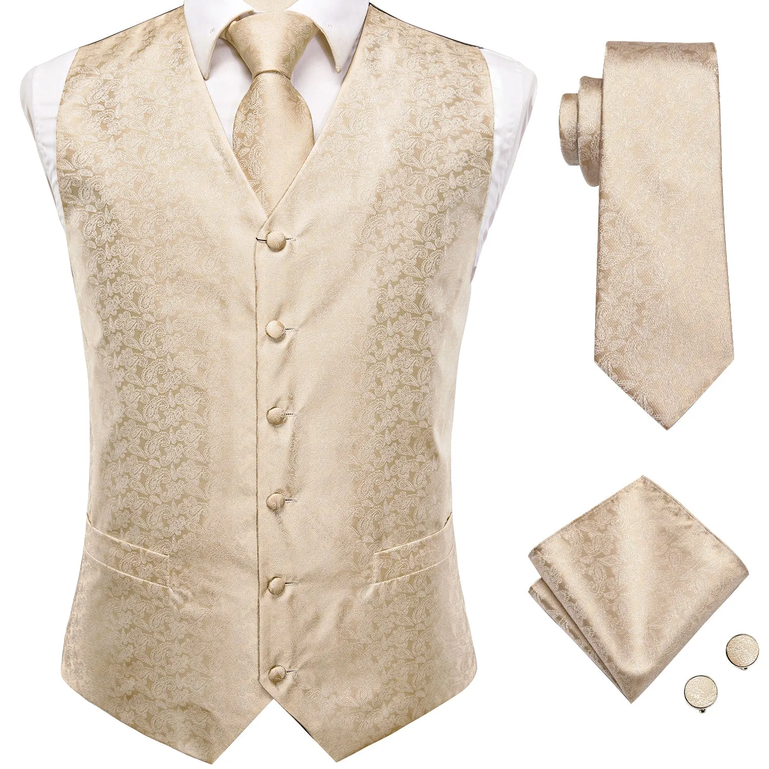 Ties2you Paisley Waistcoat Champagne Vest and Tie Hanky Cufflinks Set Suit for Mens Wedding